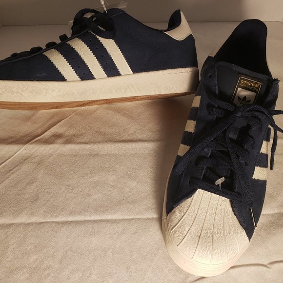 ADIDAS SUPERSTAR VULC SHELL TOE SHOES - MENS 10.5 BLUE/WHITE/GOLD PRINT/GUM SOLE - Picture 6 of 16